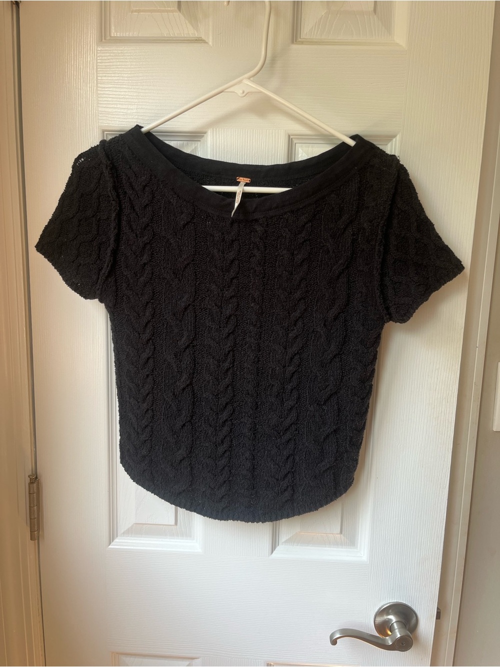 Free People Black Cable-Knit Short Sleeve Sweater Top
